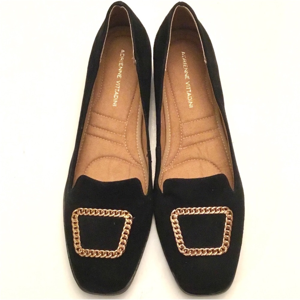 🆕 Adrienne Vittadini Black Flats Size 10 Suede Chain Accent Slip on Shoes NIB - Picture 3 of 16